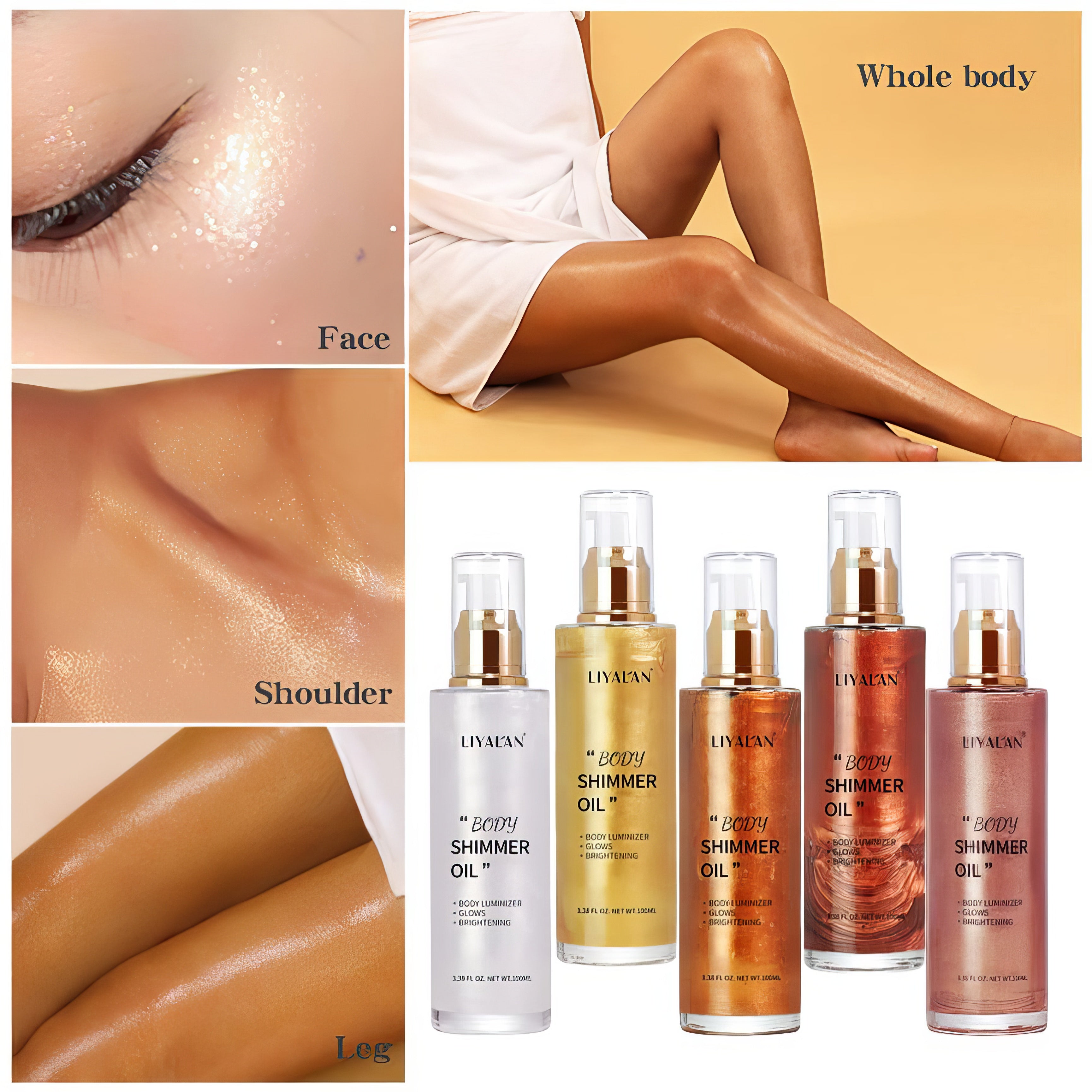 Liyalan Shimmer Body Oil Gold 5 Color Bronze Face Brighten Glow Pearl Highlighter Illuminator Body Makeup Shine Glitter Gold Liquid Taning