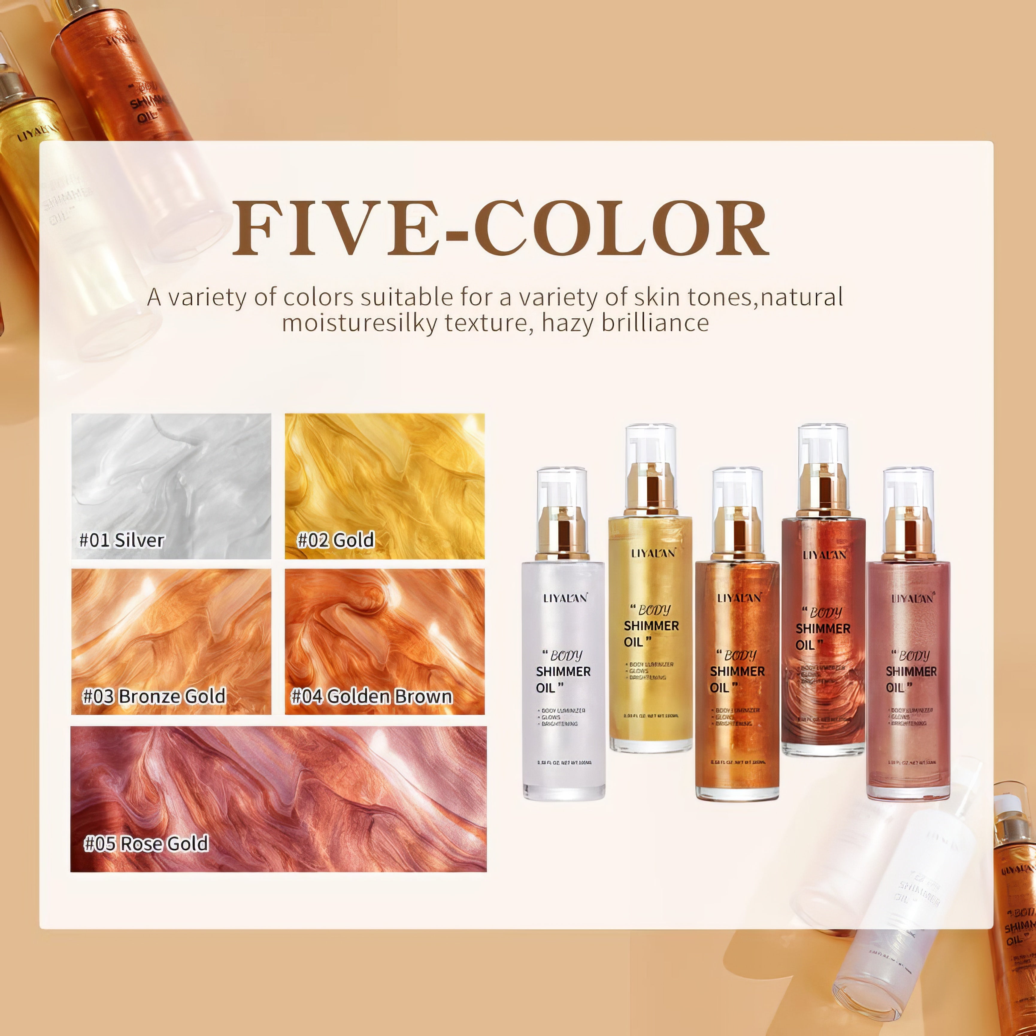 Liyalan Shimmer Body Oil Gold 5 Color Bronze Face Brighten Glow Pearl Highlighter Illuminator Body Makeup Shine Glitter Gold Liquid Taning