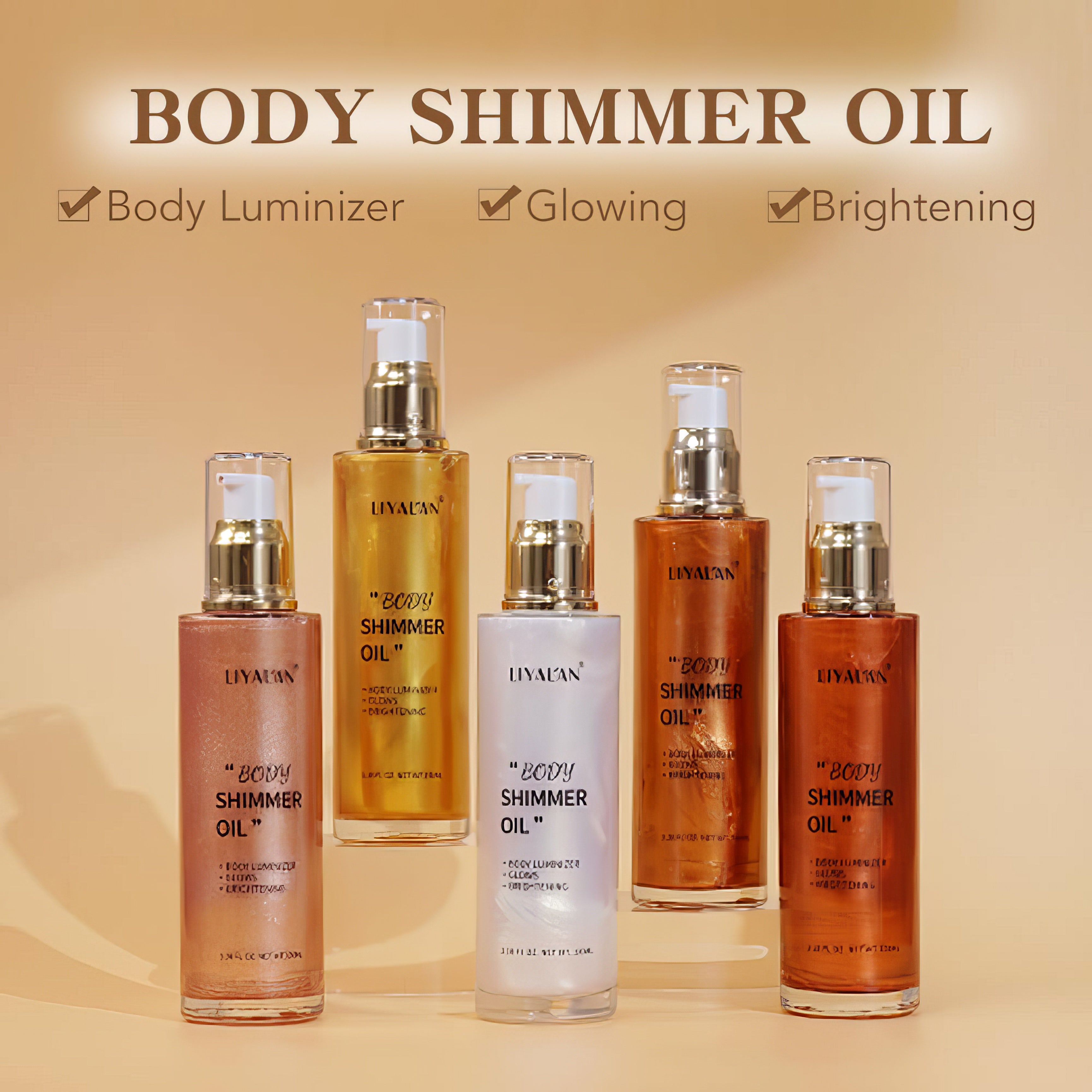 Liyalan Shimmer Body Oil Gold 5 Color Bronze Face Brighten Glow Pearl Highlighter Illuminator Body Makeup Shine Glitter Gold Liquid Taning