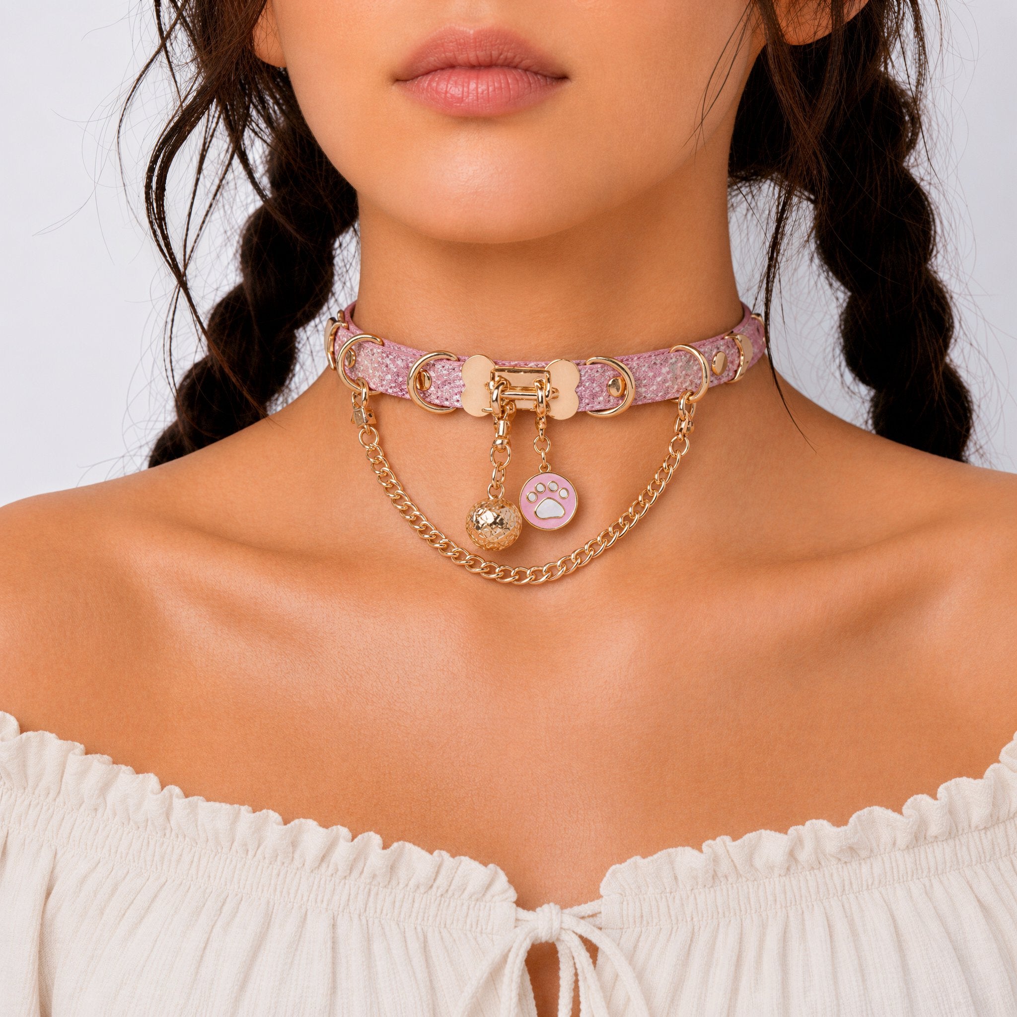 Holographic Pink Bone Chain Bell Choker