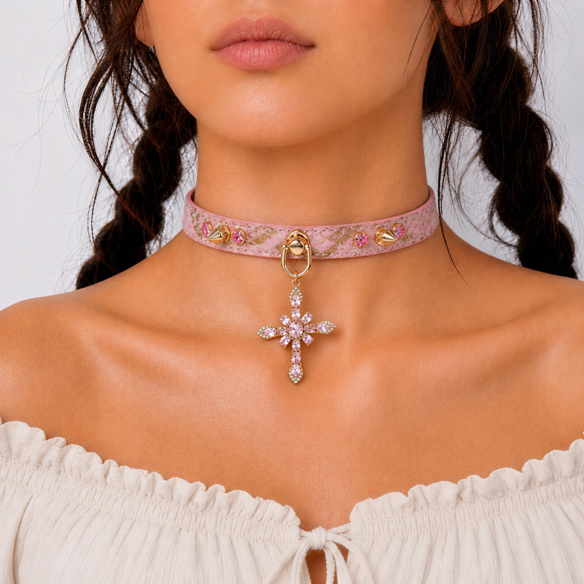 Iridescent Snake-Scale Cross Choker