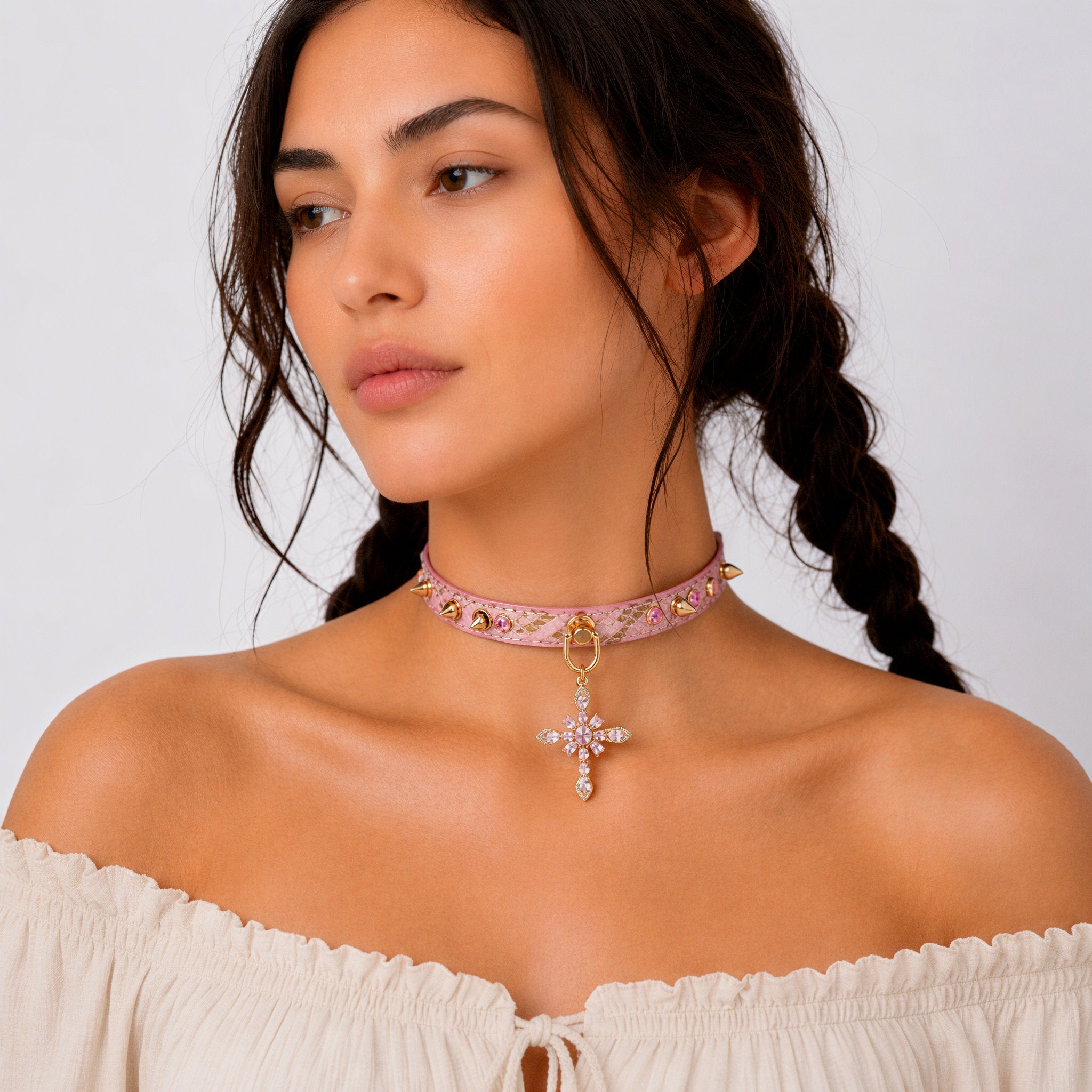 Iridescent Snake-Scale Cross Choker