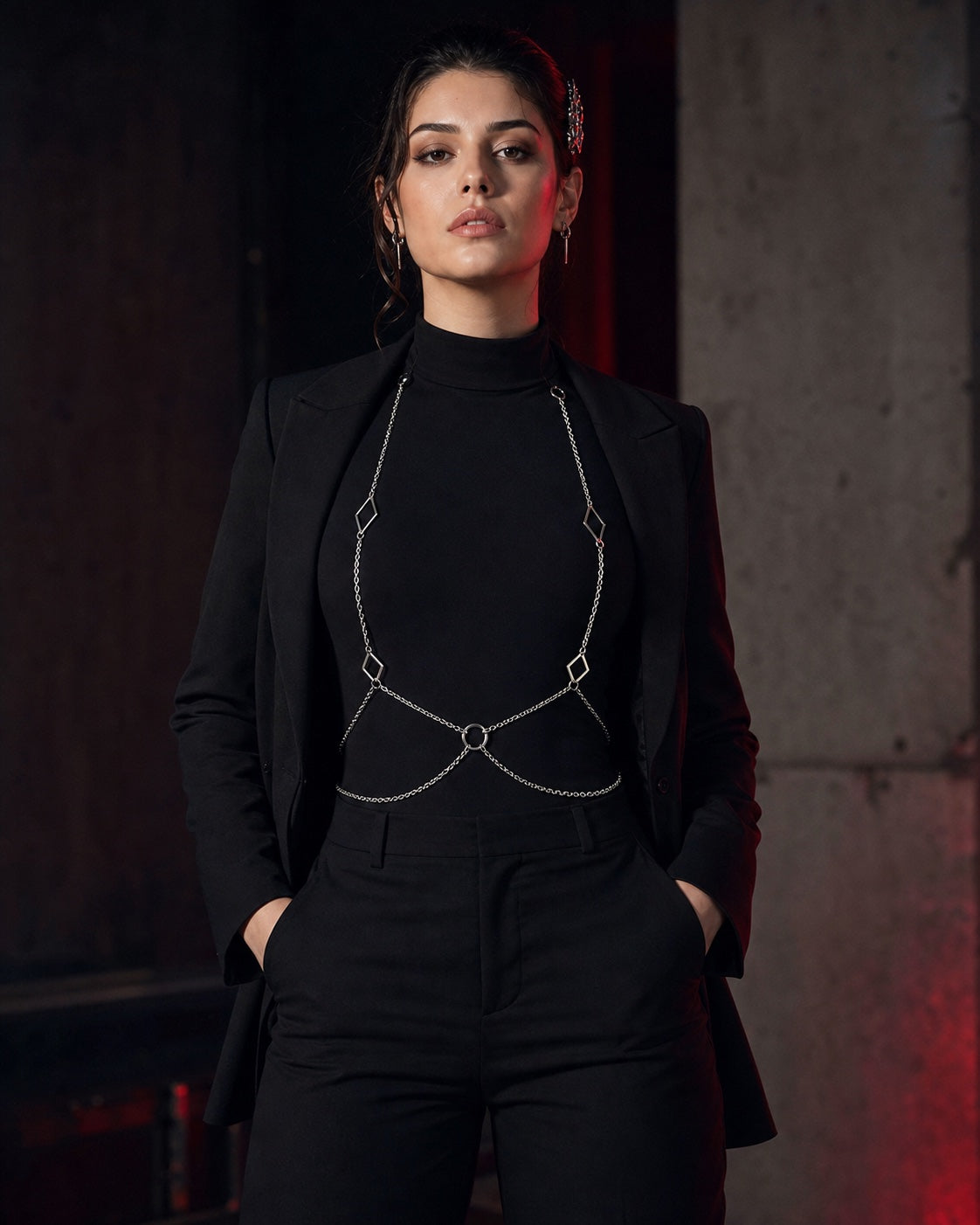 After-dark look with silver fashion chain harness and metal hair accessory