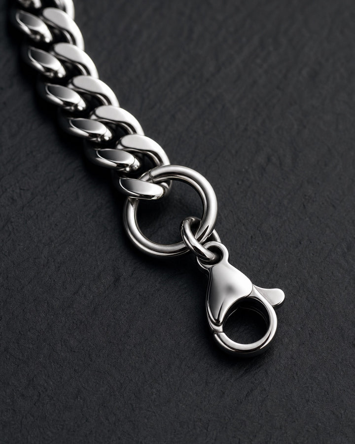 Macro detail of polished stainless steel chain and clasp